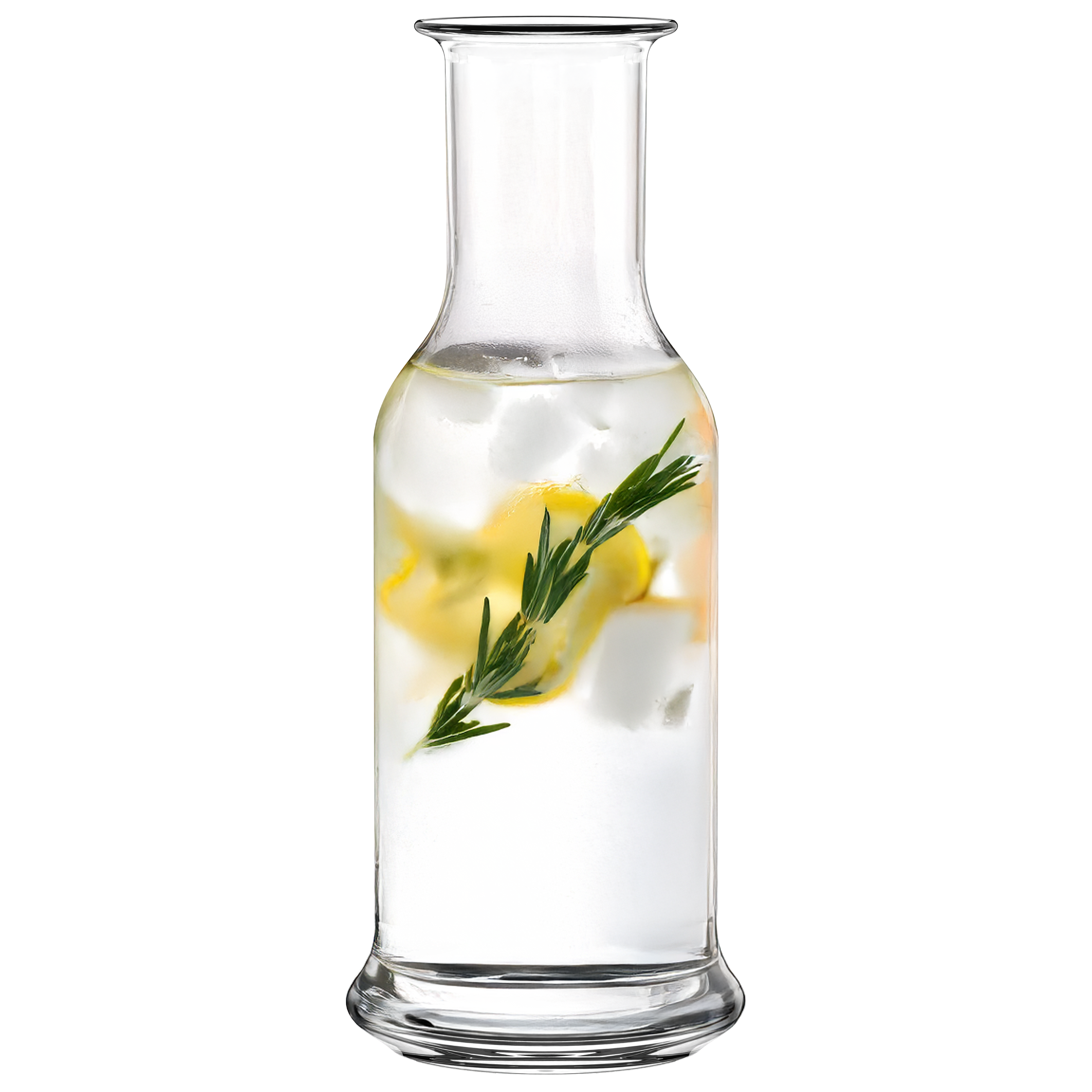 Hochwertige Design Karaffe aus Glas mit Zitronenstücke und Rosmarin dekoriert