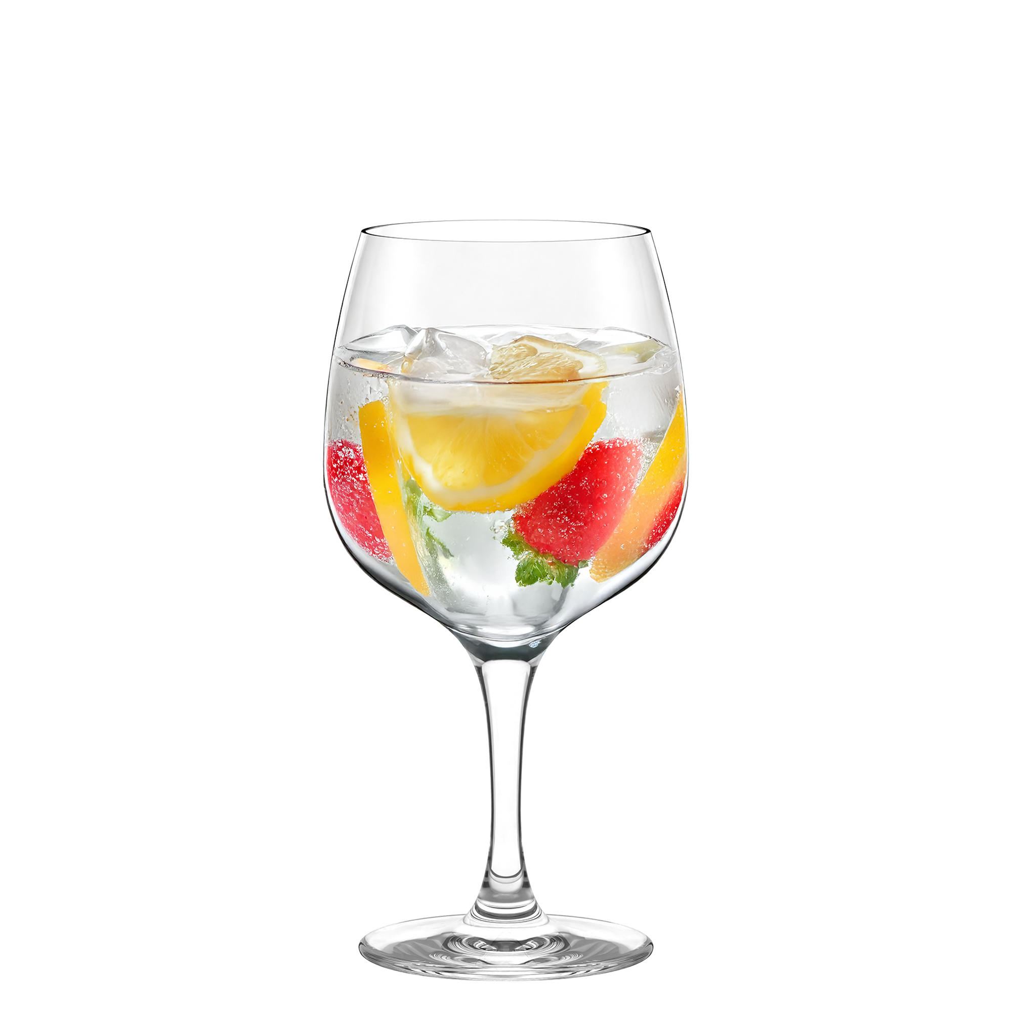 Elegantes Stölzle Lausitz Glas für Gin mit frischen Früchten und Eiswürfeln für stilvollen Genuss
