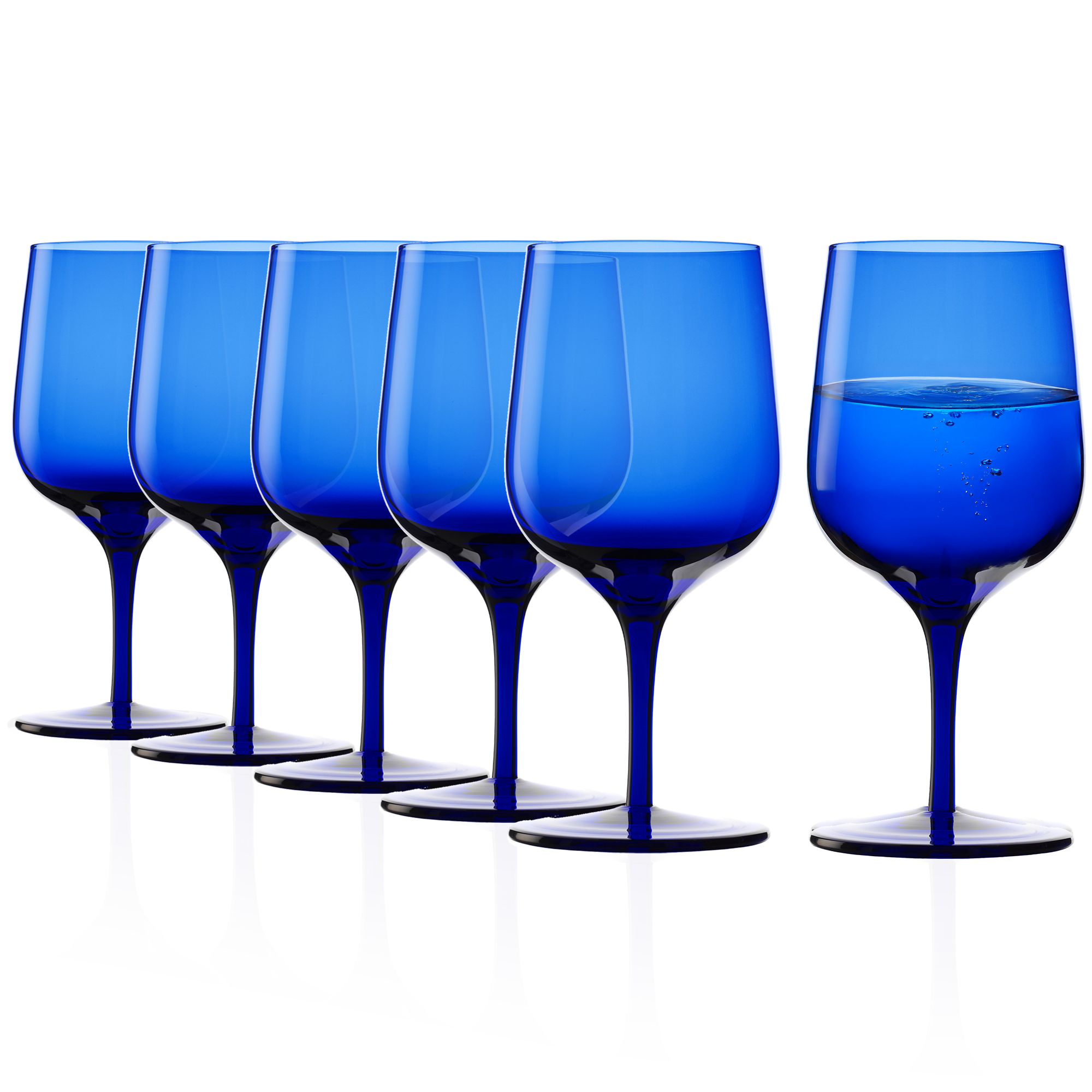Sechs hochwertige Gläser Made in Germany in Blau, ideal für stilvolle Getränke und besondere Anlässe