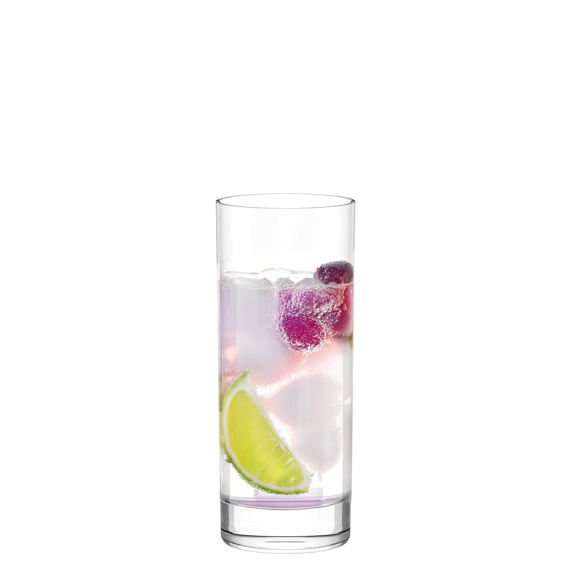 Hochwertige Longdrinkgläser mit erfrischendem Cocktail, Limettenscheibe und Beeren für stilvolles Trinken