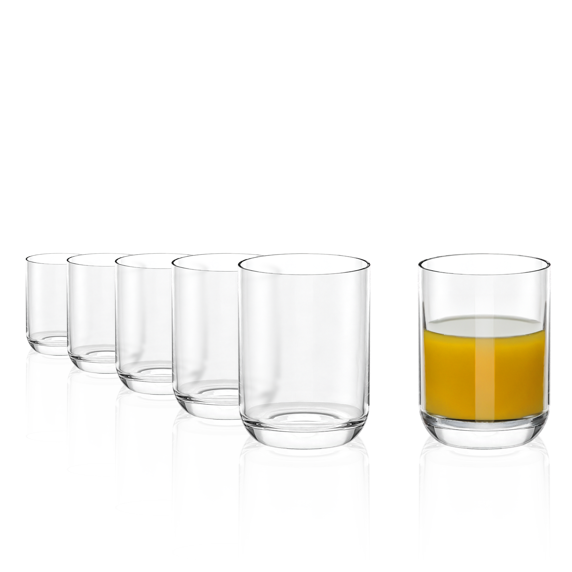 Hochwertige Saftgläser von Stölzle Lausitz, transparent mit frischem Orangensaft gefüllt