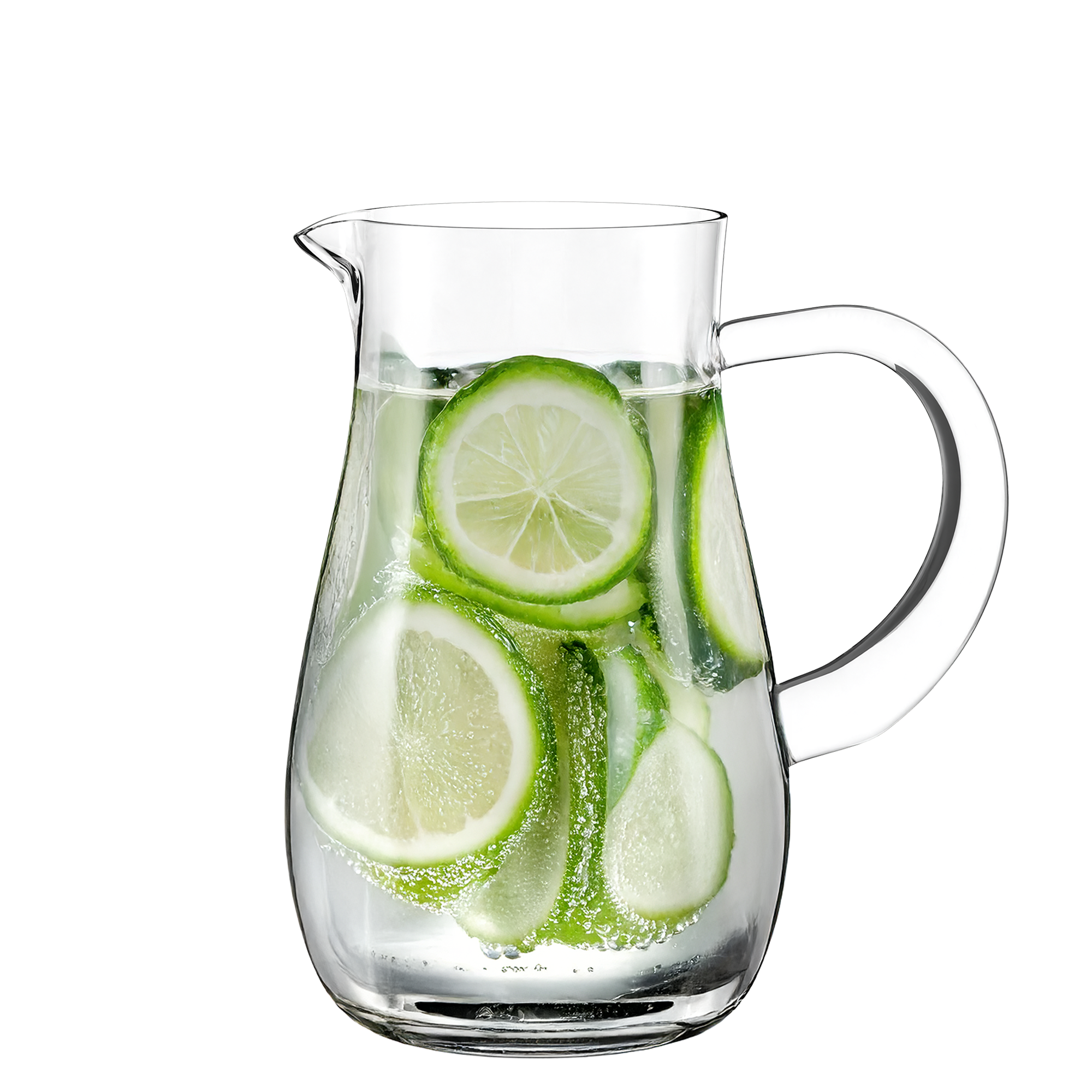 Hochwertiger Krug aus Glas mit erfrischendem Wasser und Limettenscheiben für Getränke