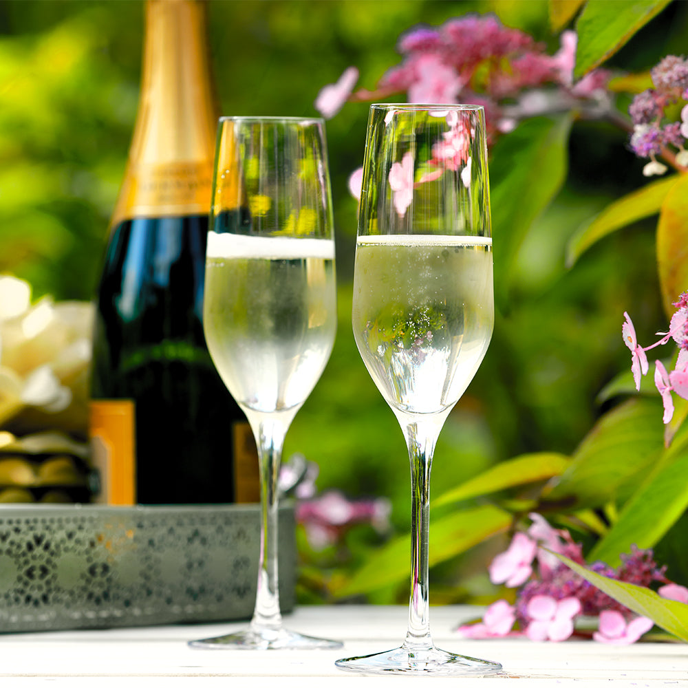 Langlebige Champagnergläser von Stölzle Lausitz mit prickelndem Sekt vor floraler Kulisse