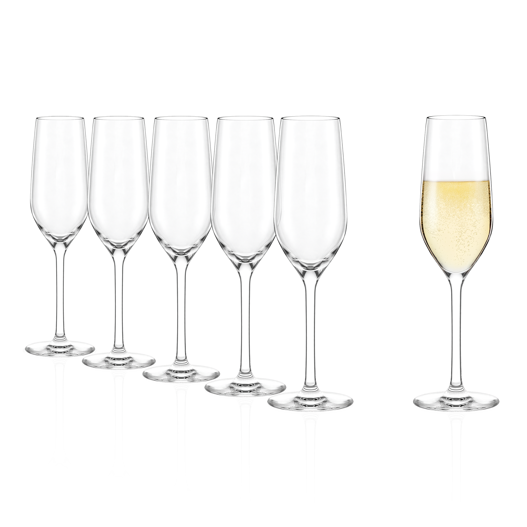Set von sechs langlebigen Champagnergläsern von Stölzle Lausitz, ideal für festliche Anlässe und Genuss