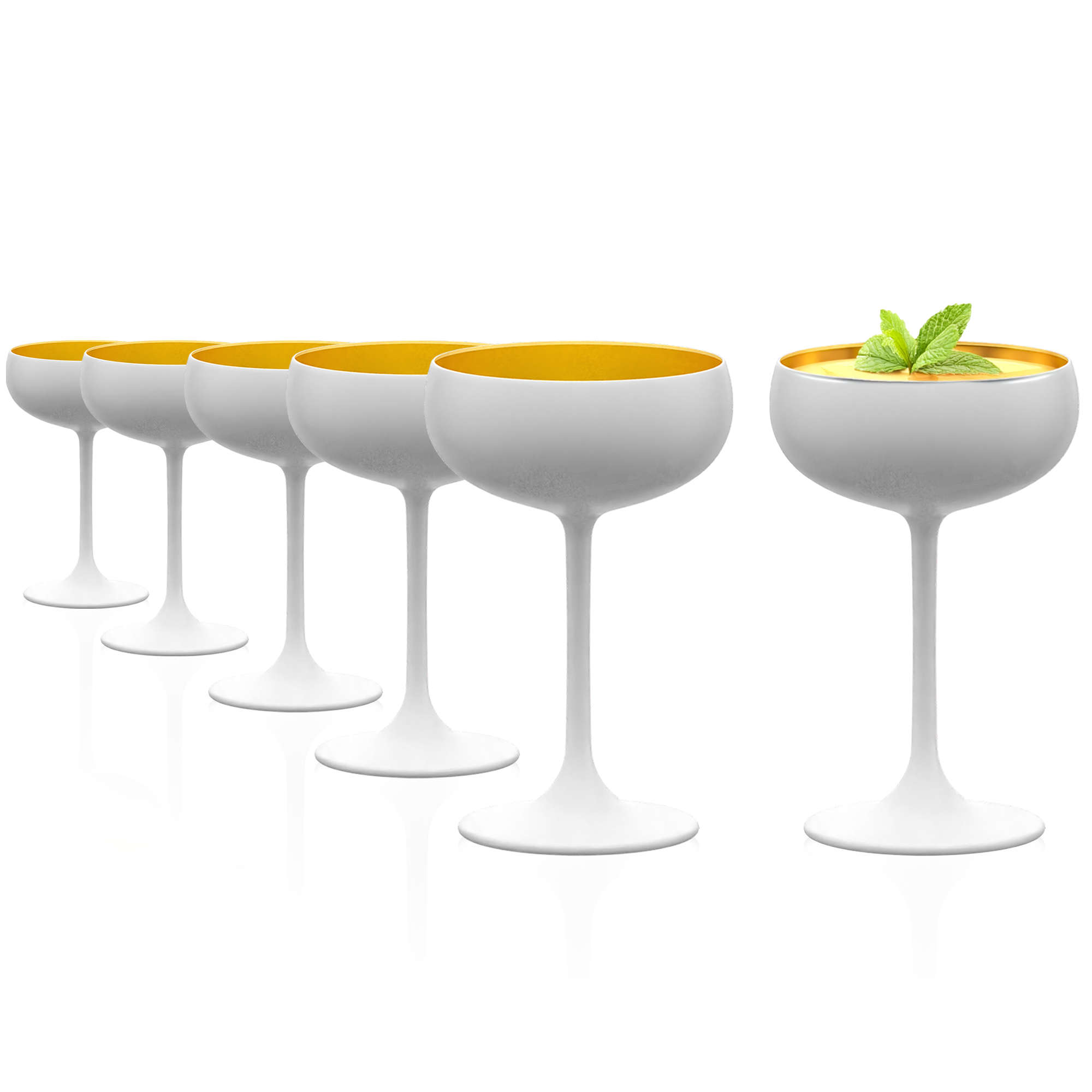 Set aus fünf stilvollen Luxus Gläsern Made in Germany mit goldenen Akzenten für elegante Cocktails
