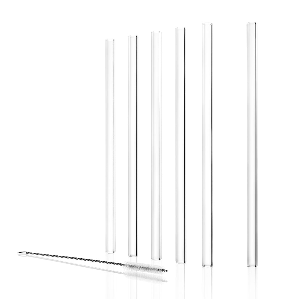 Set aus nachhaltige Trinkhalme Set mit sieben klaren Glashalmen und einer Reinigungsbürste