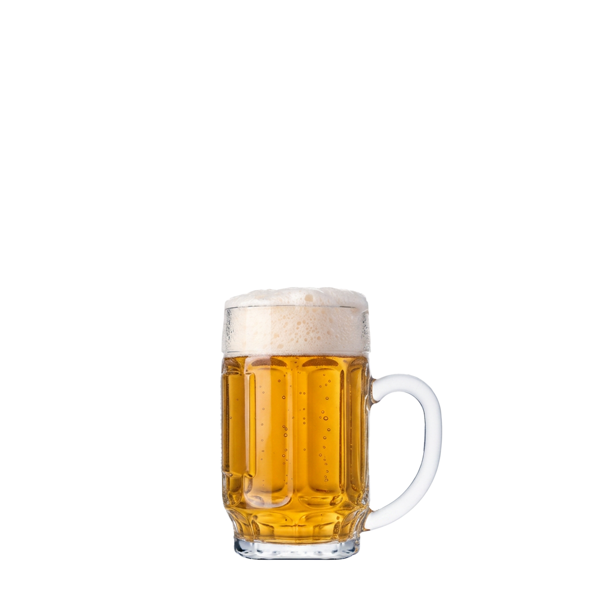 Oberglas Donau Bierkrug mit Dekorfläche 500ml, gefülltes Bierglas vor hellem Hintergrund