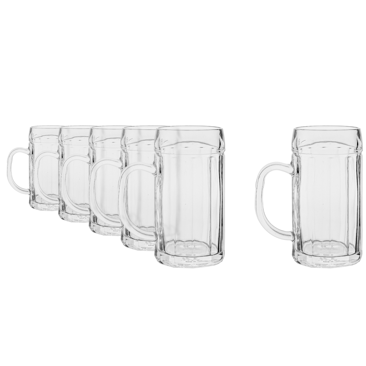 Oberglas Ecken Bierkrug, 500ml, leer, sechs Gläser nebeneinander vor hellem Hintergrund
