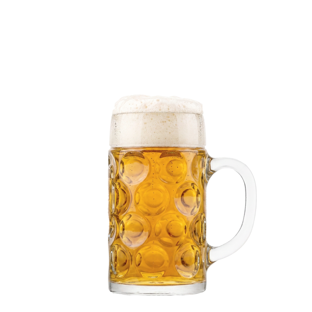Oberglas Isar Bierkrug 500ml, gefüllt vor hellem Hintergrund