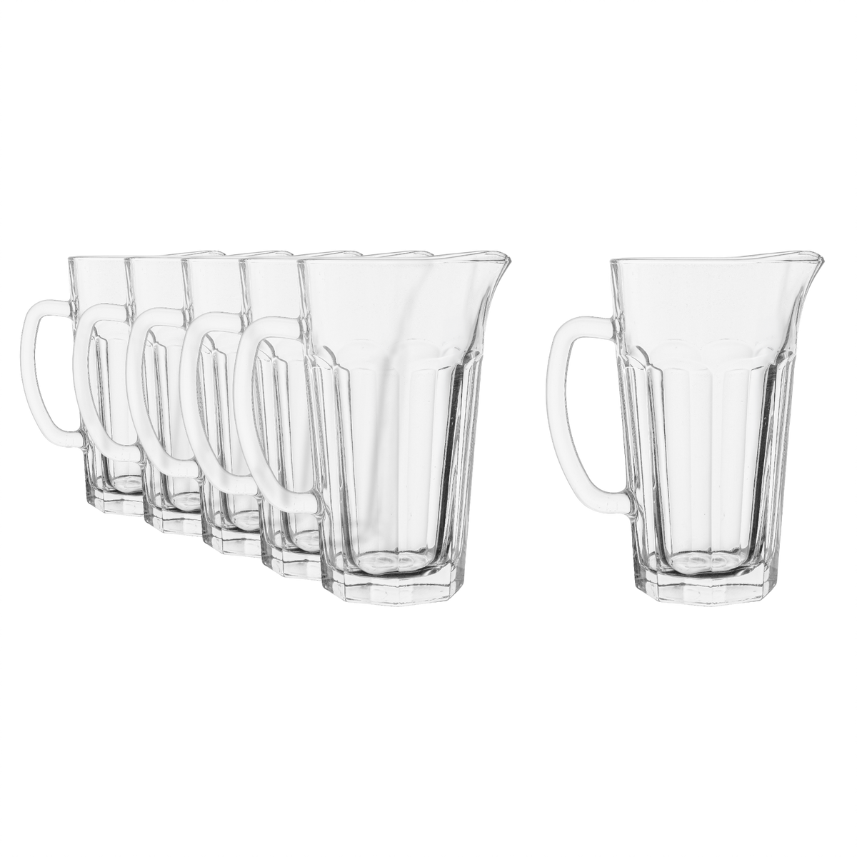 Oberglas Max Jug Krug 1500ml, sechs leere Krüge nebeneinander vor hellem Hintergrund