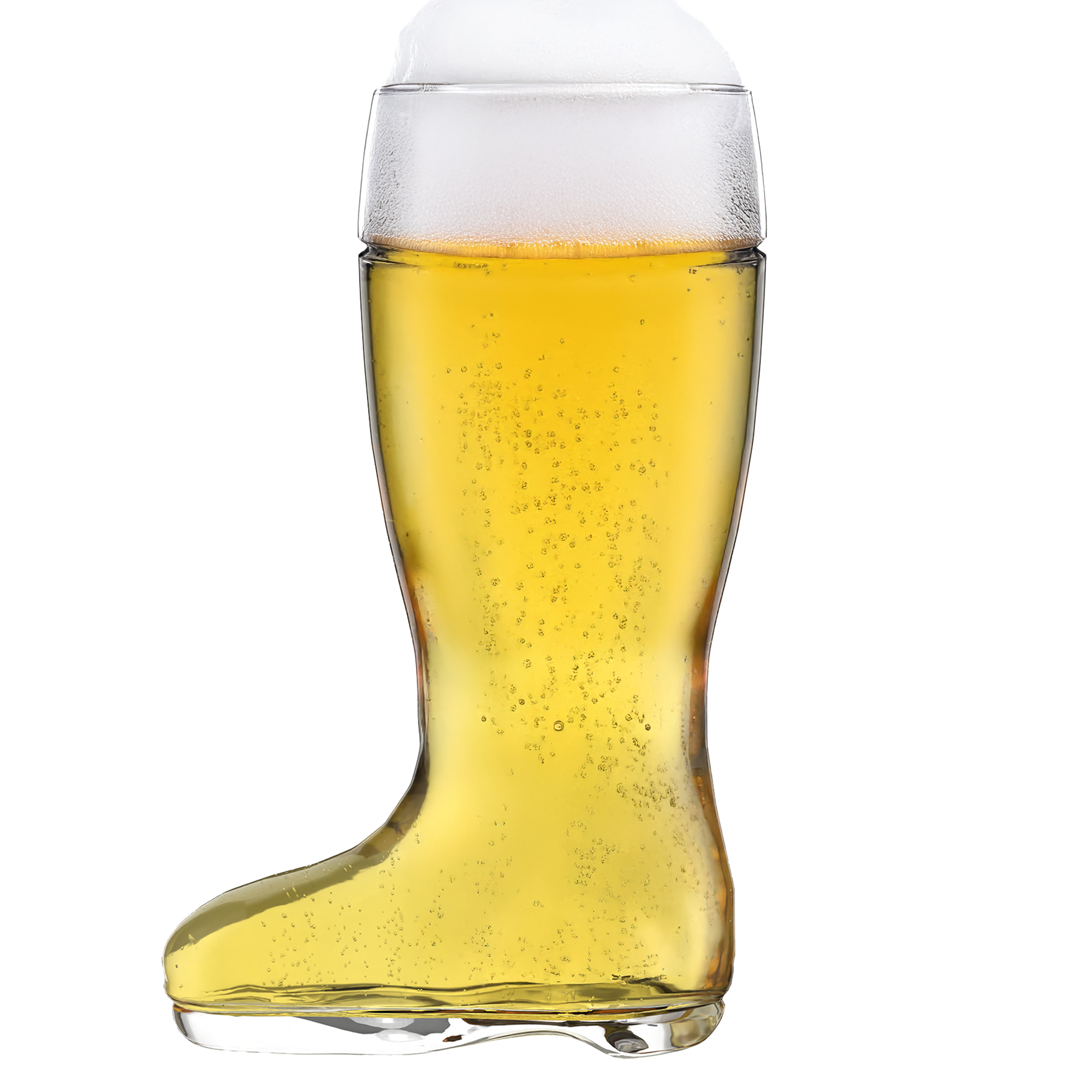 Originelle Biergläser kaufen: Transparente Bierglasform in Form eines Stiefels mit schaumigem Bier