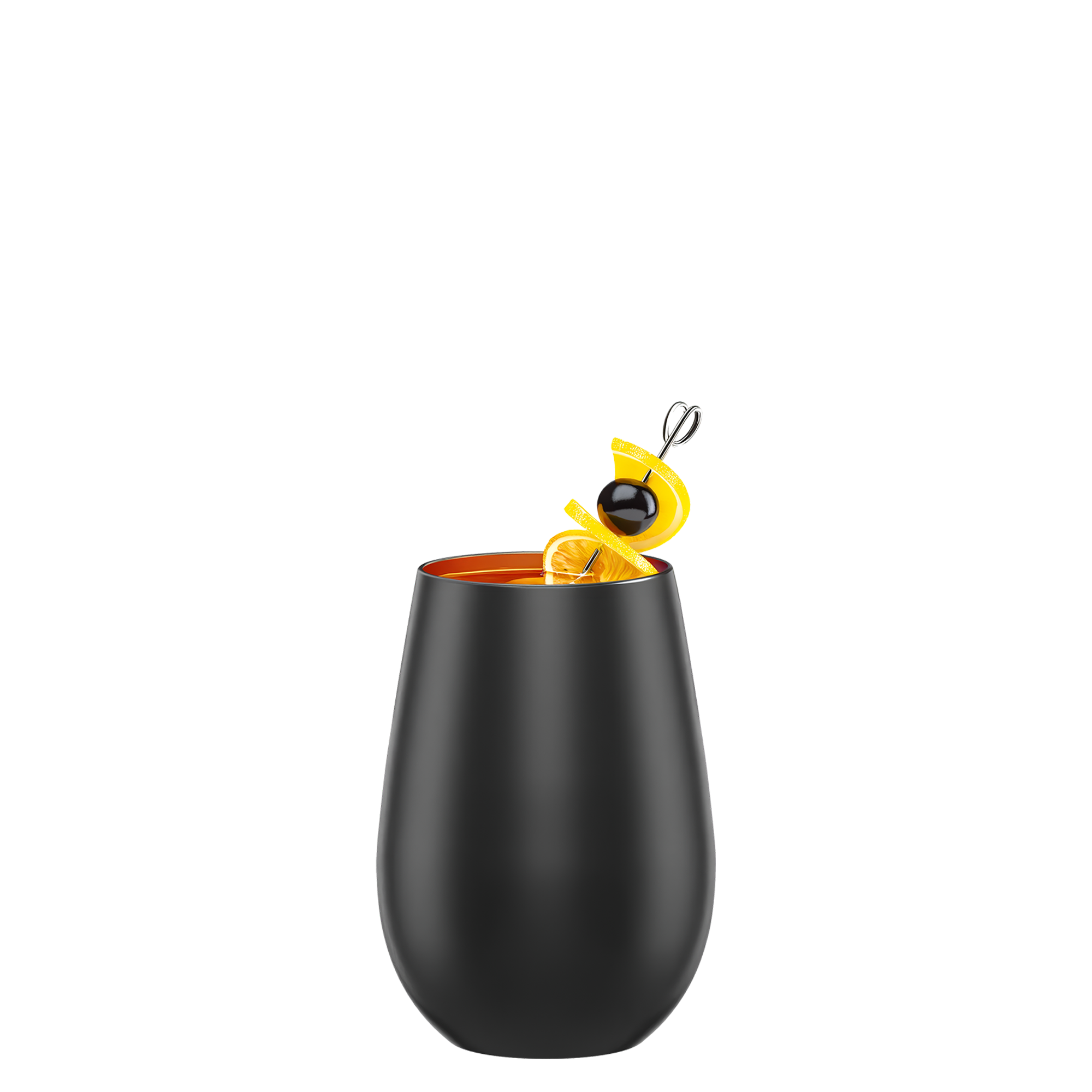 Stölzle Element Becher in Schwarz mit einem bunten Cocktail und Dekoration aus Limette und Olive