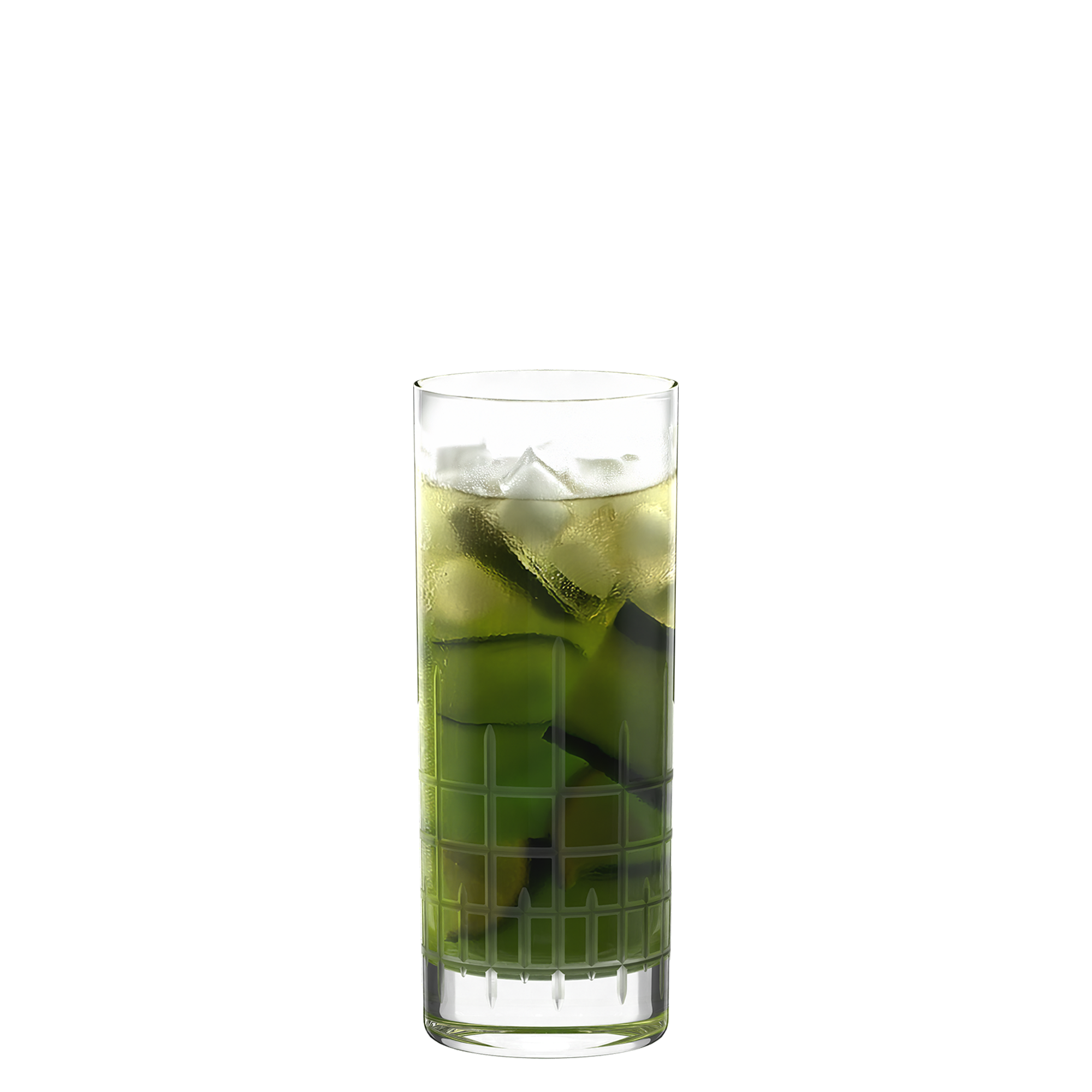 Stölzle Lausitz Longdrink Glas mit eisgekühltem Getränk und grünen Zutaten