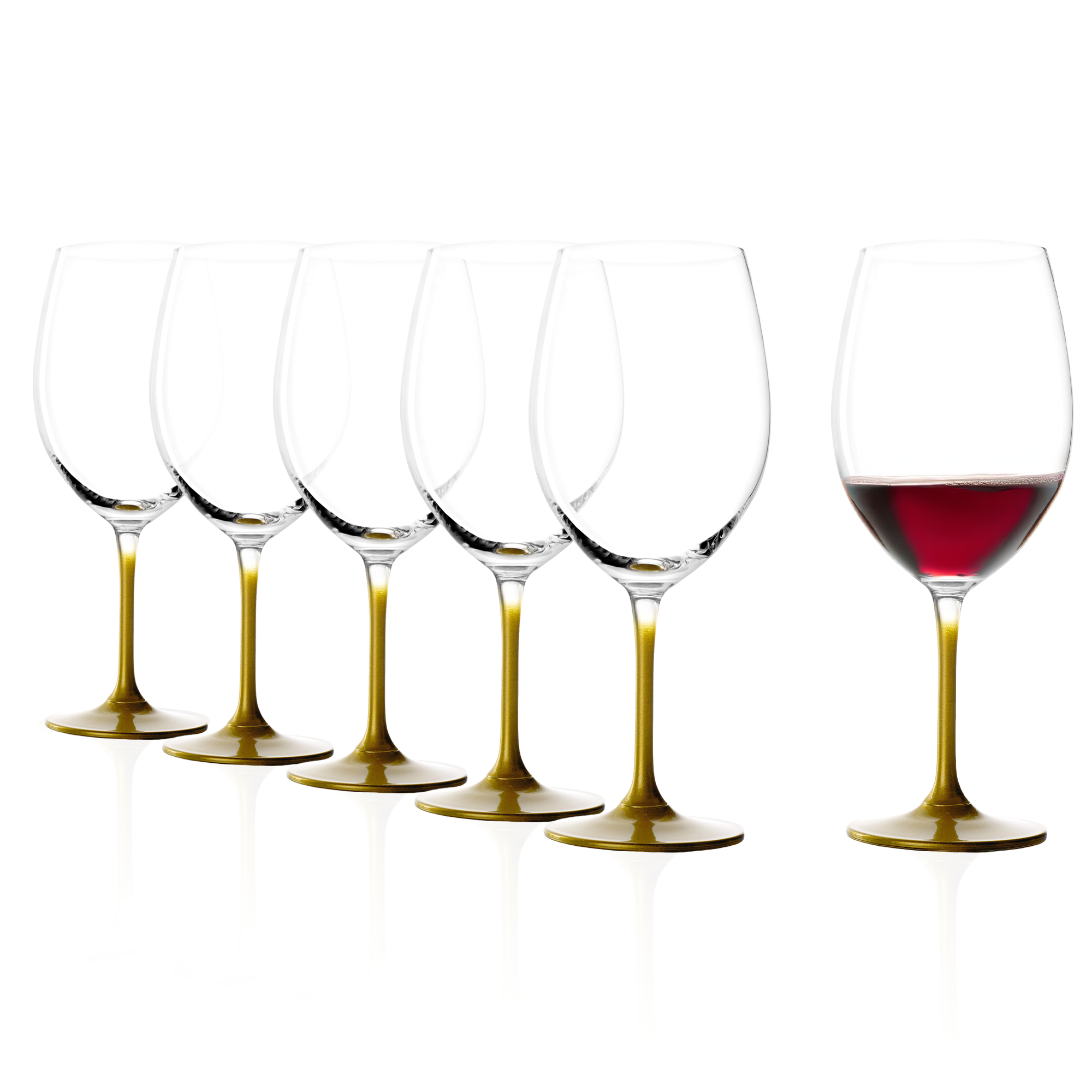 Sechs elegante Stölzle Lausitz Weingläser mit goldfarbenem Fuß, ideal für Weinliebhaber